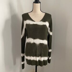 Ribbed Tie Dye Sweater size Small Green White Y2K Retro Vibes‎ VNeck Striped Top